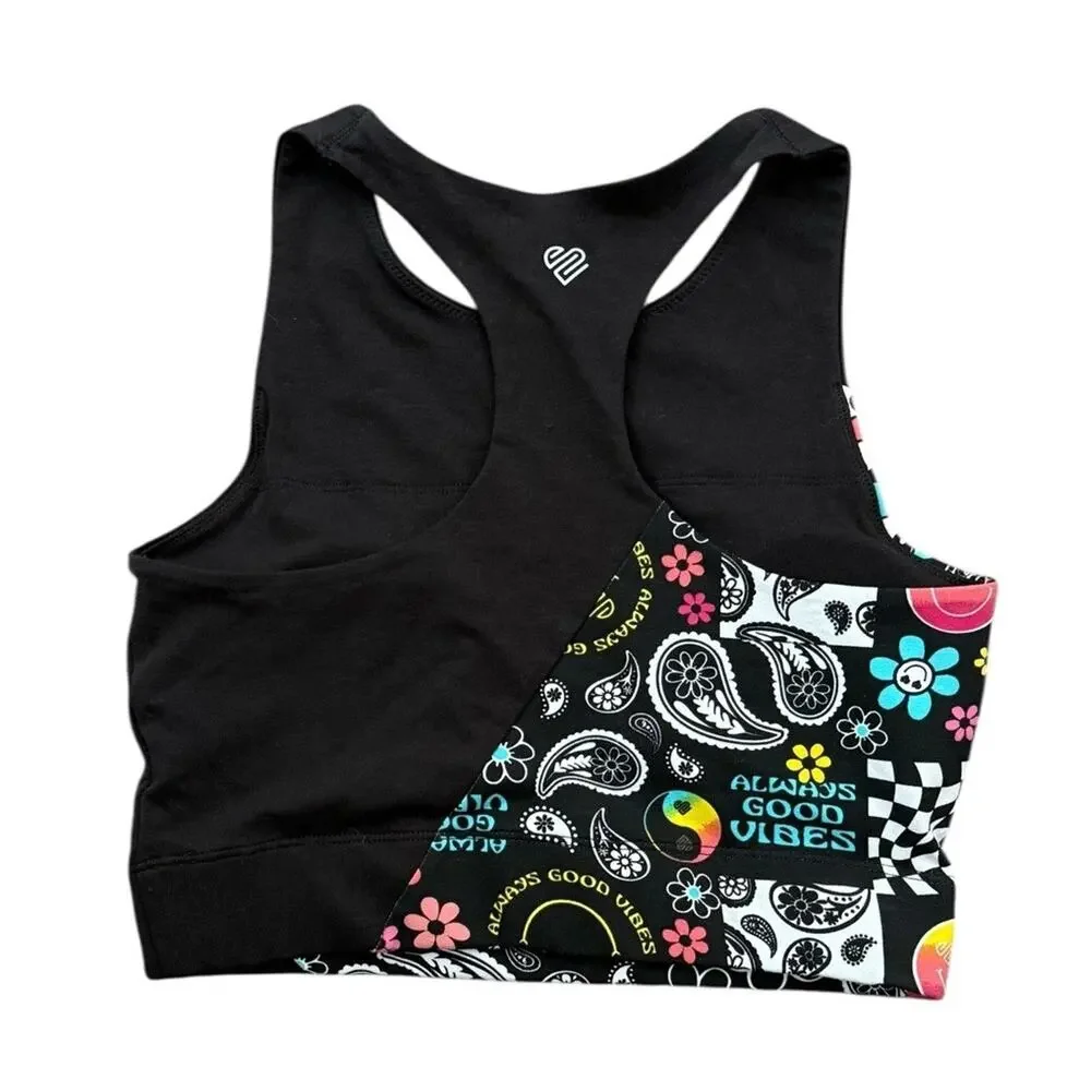 Justice Cotton Racerback Sports Bra Padded Retro Floral Good Vibes Girl's 34 NEW